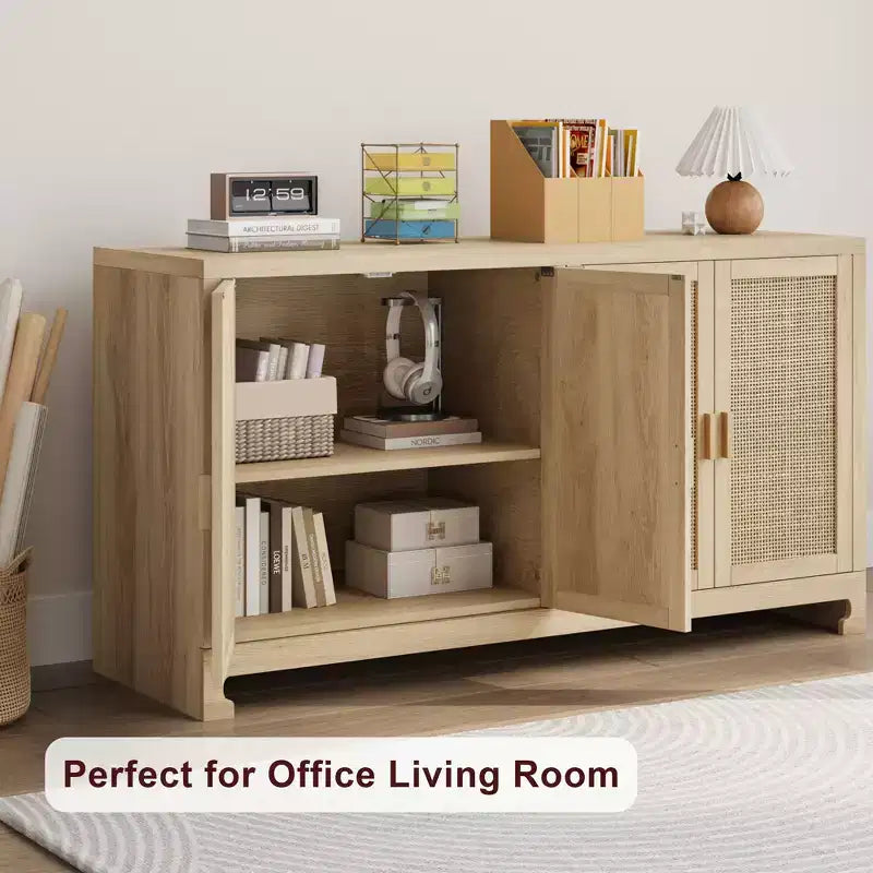 Mobile contenitore con 4 ante e ripiano, finiture in rattan, per sala da pranzo, cucina, soggiorno