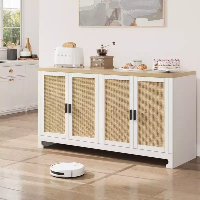 Mobile contenitore con 4 ante e ripiano, finiture in rattan, per sala da pranzo, cucina, soggiorno