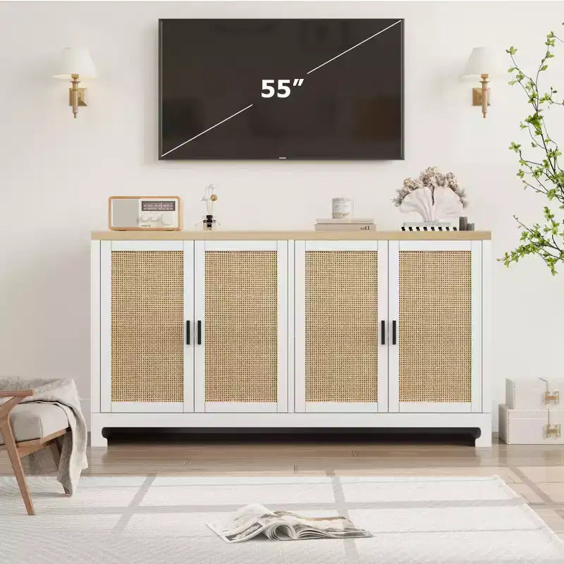 Mobile contenitore con 4 ante e ripiano, finiture in rattan, per sala da pranzo, cucina, soggiorno