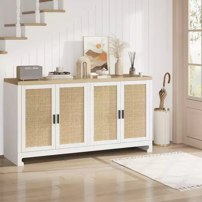 Mobile contenitore con 4 ante e ripiano, finiture in rattan, per sala da pranzo, cucina, soggiorno