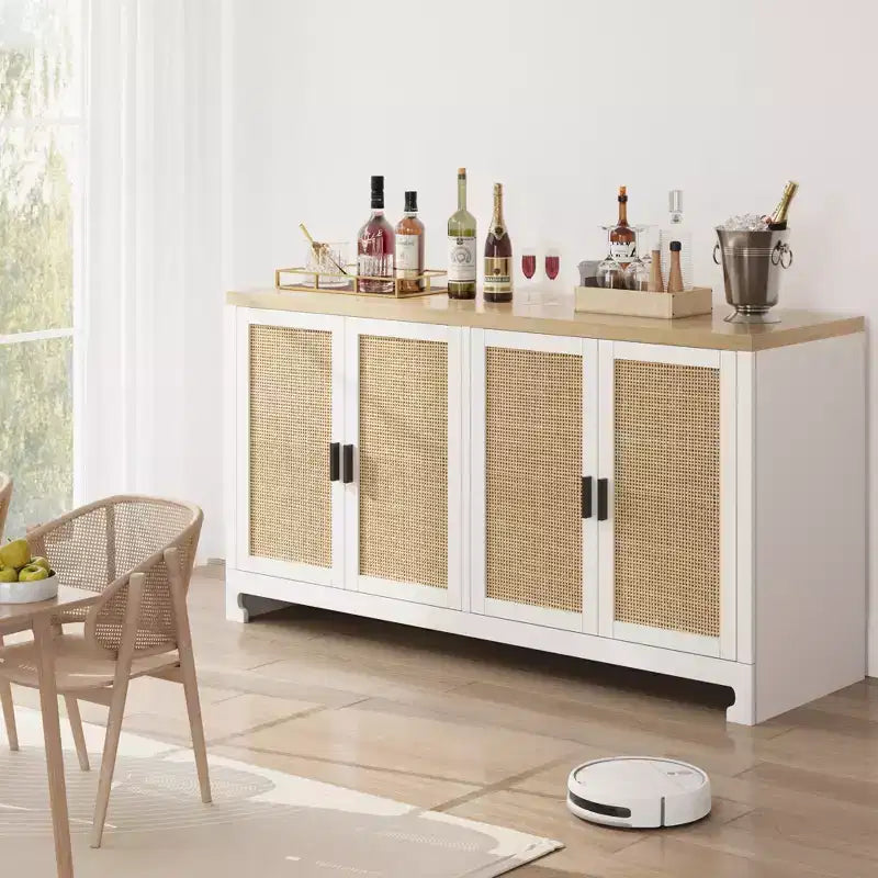 Mobile contenitore con 4 ante e ripiano, finiture in rattan, per sala da pranzo, cucina, soggiorno