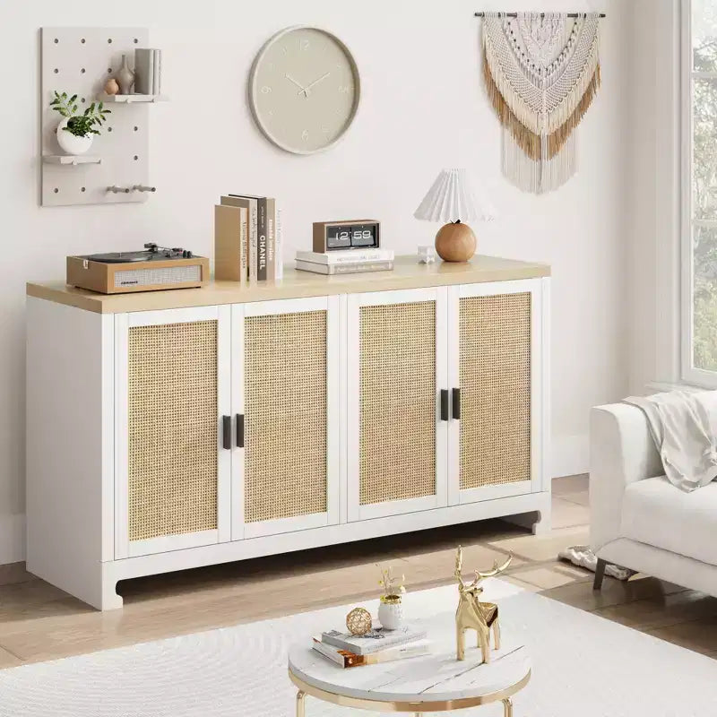 Mobile contenitore con 4 ante e ripiano, finiture in rattan, per sala da pranzo, cucina, soggiorno