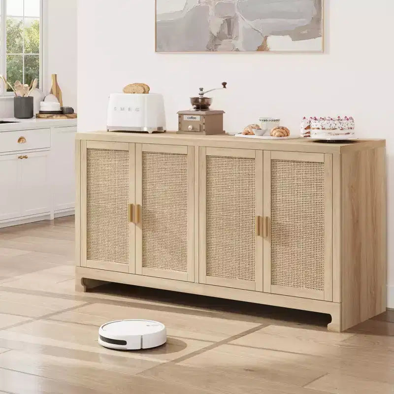 Mobile contenitore con 4 ante e ripiano, finiture in rattan, per sala da pranzo, cucina, soggiorno