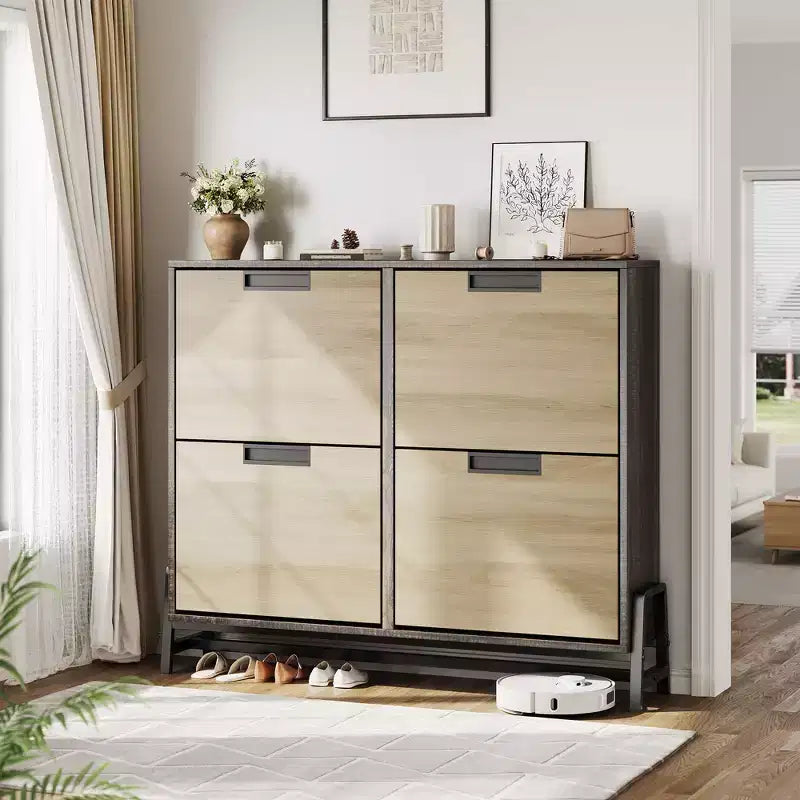 Shoe rack, entryway shoe storage with 4 flip-top drawers, free-standing metal legs, with 3 adjustable shelves, suitable for hallways, oak