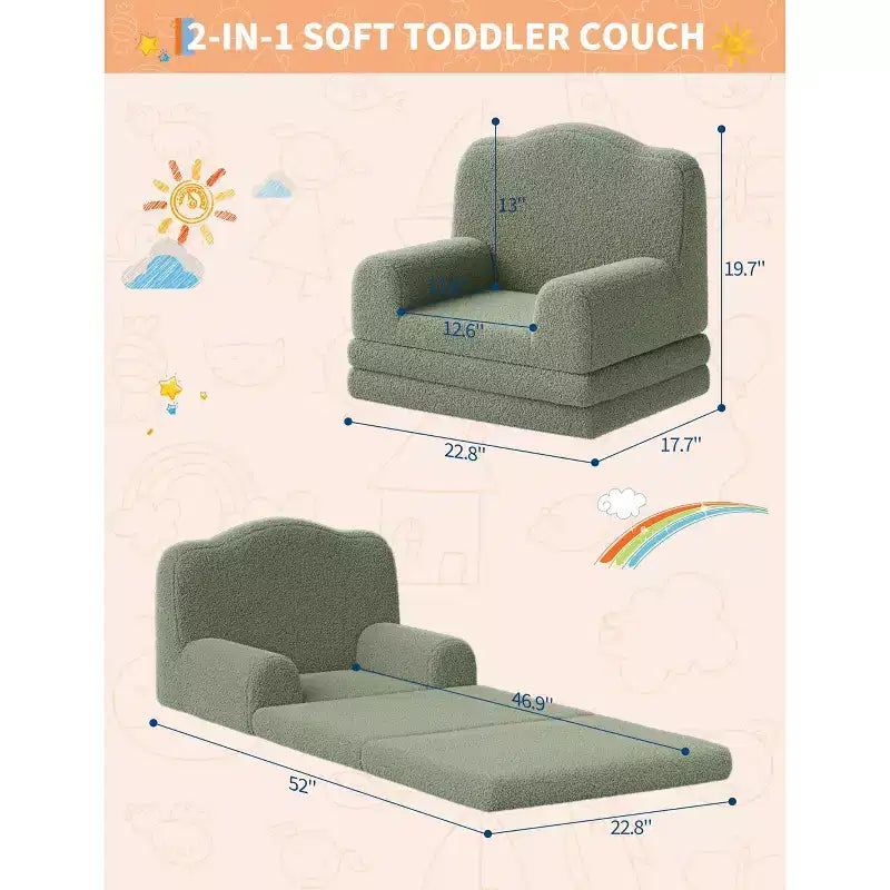 Divano e lettino convertibile 2 in 1 per bambini, divano letto per bambini in pile Teddy lavabile in lavatrice, morbido divano letto pieghevole per bambini (Corona)