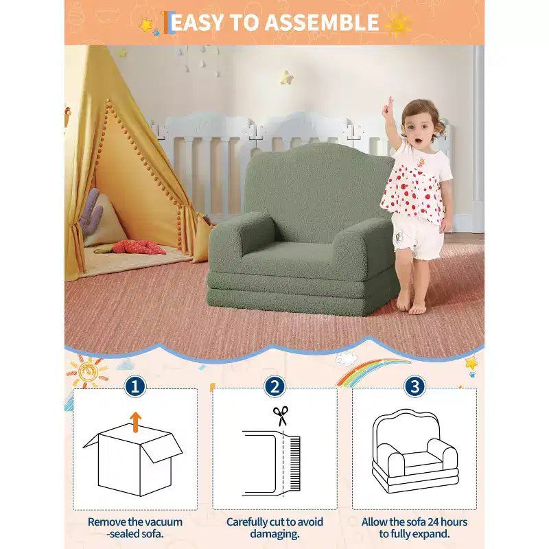 Divano e lettino convertibile 2 in 1 per bambini, divano letto per bambini in pile Teddy lavabile in lavatrice, morbido divano letto pieghevole per bambini (Corona)