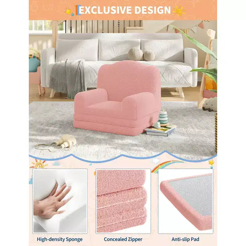 Divano e lettino convertibile 2 in 1 per bambini, divano letto per bambini in pile Teddy lavabile in lavatrice, morbido divano letto pieghevole per bambini (Corona)
