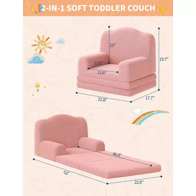 Divano e lettino convertibile 2 in 1 per bambini, divano letto per bambini in pile Teddy lavabile in lavatrice, morbido divano letto pieghevole per bambini (Corona)