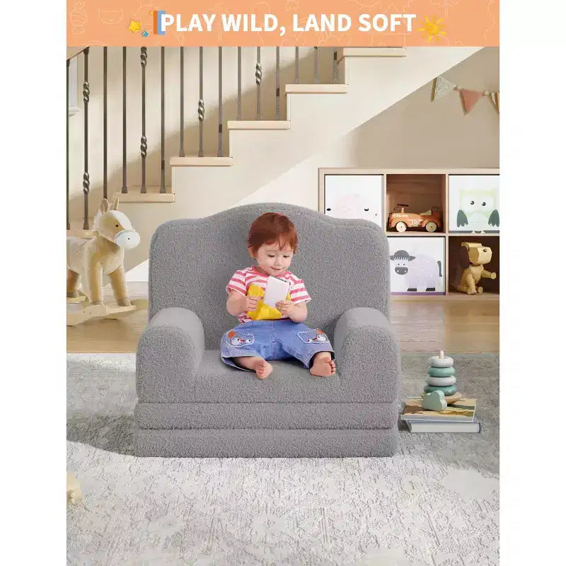 Divano e lettino convertibile 2 in 1 per bambini, divano letto per bambini in pile Teddy lavabile in lavatrice, morbido divano letto pieghevole per bambini (Corona)
