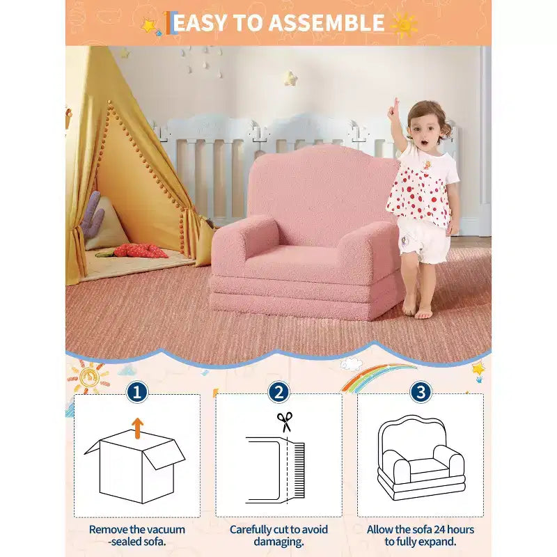 Divano e lettino convertibile 2 in 1 per bambini, divano letto per bambini in pile Teddy lavabile in lavatrice, morbido divano letto pieghevole per bambini (Corona)
