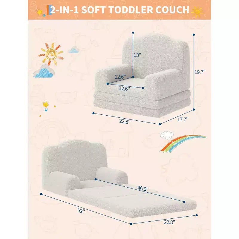 Divano e lettino convertibile 2 in 1 per bambini, divano letto per bambini in pile Teddy lavabile in lavatrice, morbido divano letto pieghevole per bambini (Corona)