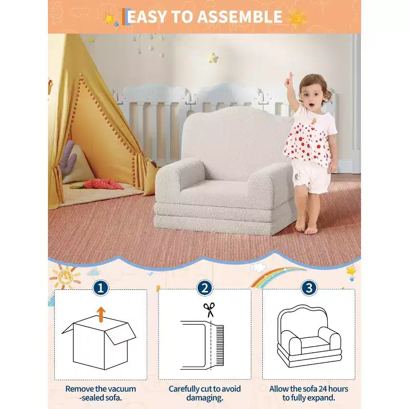 Divano e lettino convertibile 2 in 1 per bambini, divano letto per bambini in pile Teddy lavabile in lavatrice, morbido divano letto pieghevole per bambini (Corona)