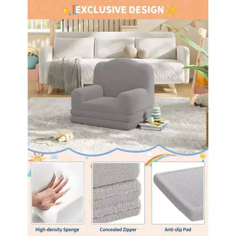 Divano e lettino convertibile 2 in 1 per bambini, divano letto per bambini in pile Teddy lavabile in lavatrice, morbido divano letto pieghevole per bambini (Corona)