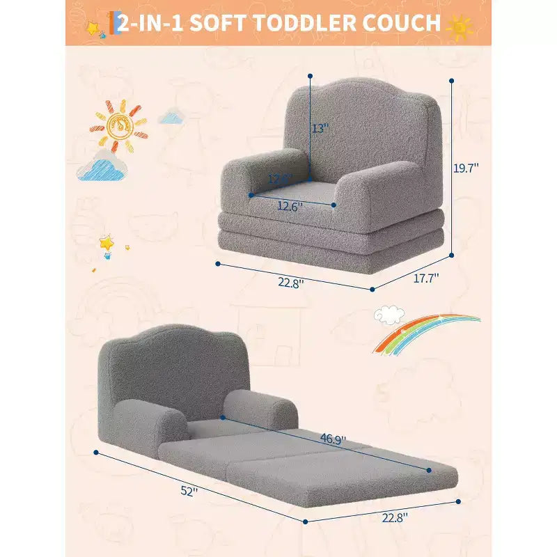 Divano e lettino convertibile 2 in 1 per bambini, divano letto per bambini in pile Teddy lavabile in lavatrice, morbido divano letto pieghevole per bambini (Corona)