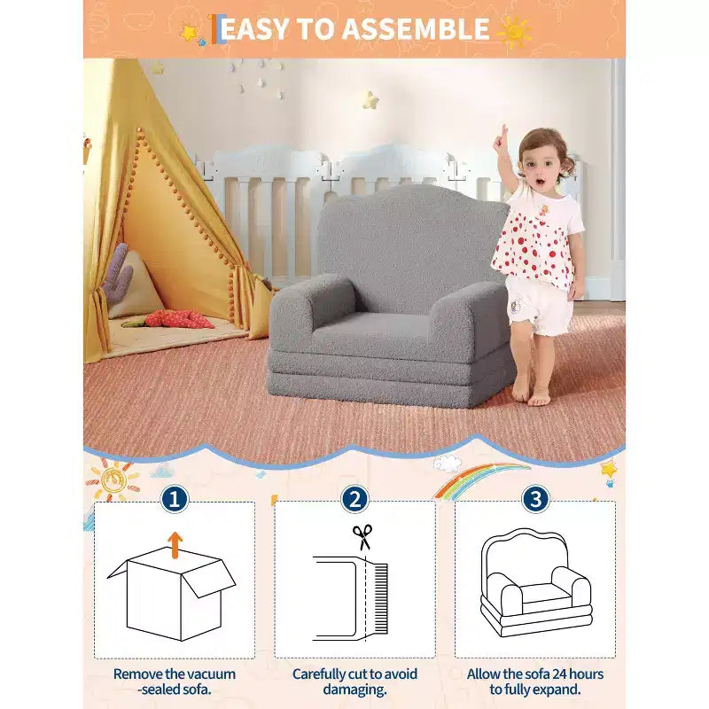 Divano e lettino convertibile 2 in 1 per bambini, divano letto per bambini in pile Teddy lavabile in lavatrice, morbido divano letto pieghevole per bambini (Corona)