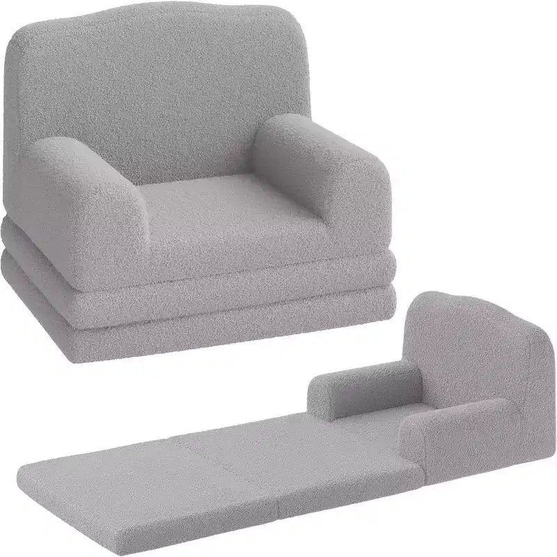 2-in-1 Kids Convertible Sofa & Lounger, Machine Washable Teddy Fleece Toddler Couch Bed, Soft Fold Out Couch Lounger for Kids, (Crown)
