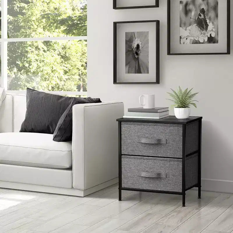 Comodino Sorbus con 2 cassetti - Telaio in acciaio, piano in legno e contenitori in tessuto facili da estrarre - Ottimo per casa, camera da letto, ufficio e dormitorio universitario