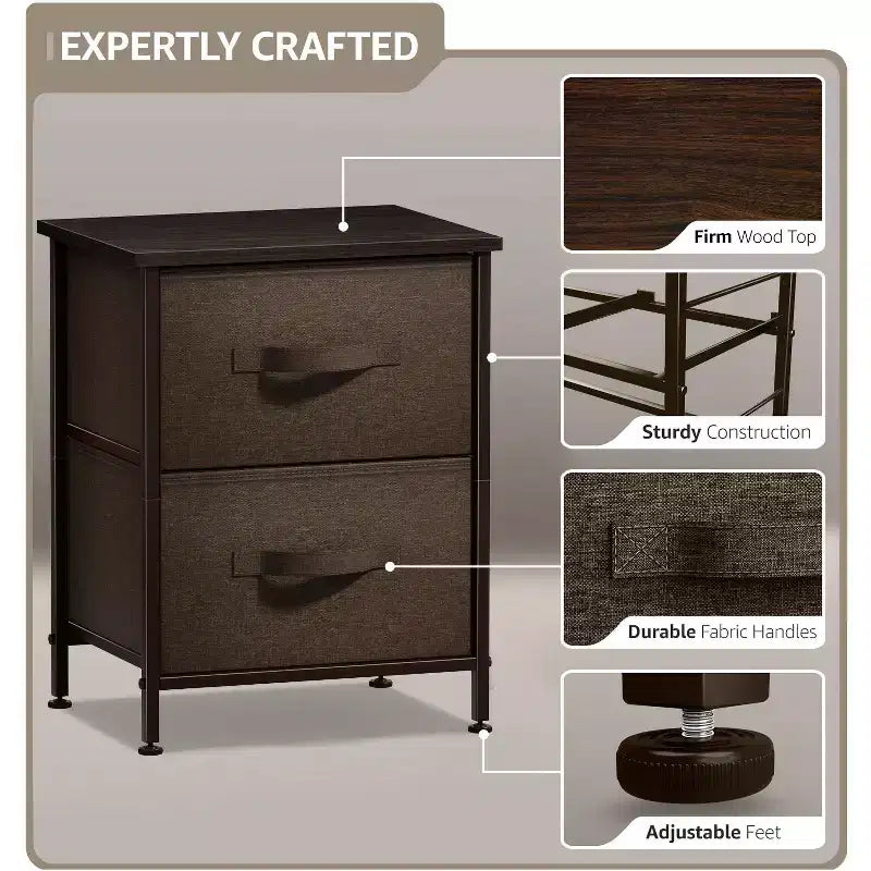 Comodino Sorbus con 2 cassetti - Telaio in acciaio, piano in legno e contenitori in tessuto facili da estrarre - Ottimo per casa, camera da letto, ufficio e dormitorio universitario
