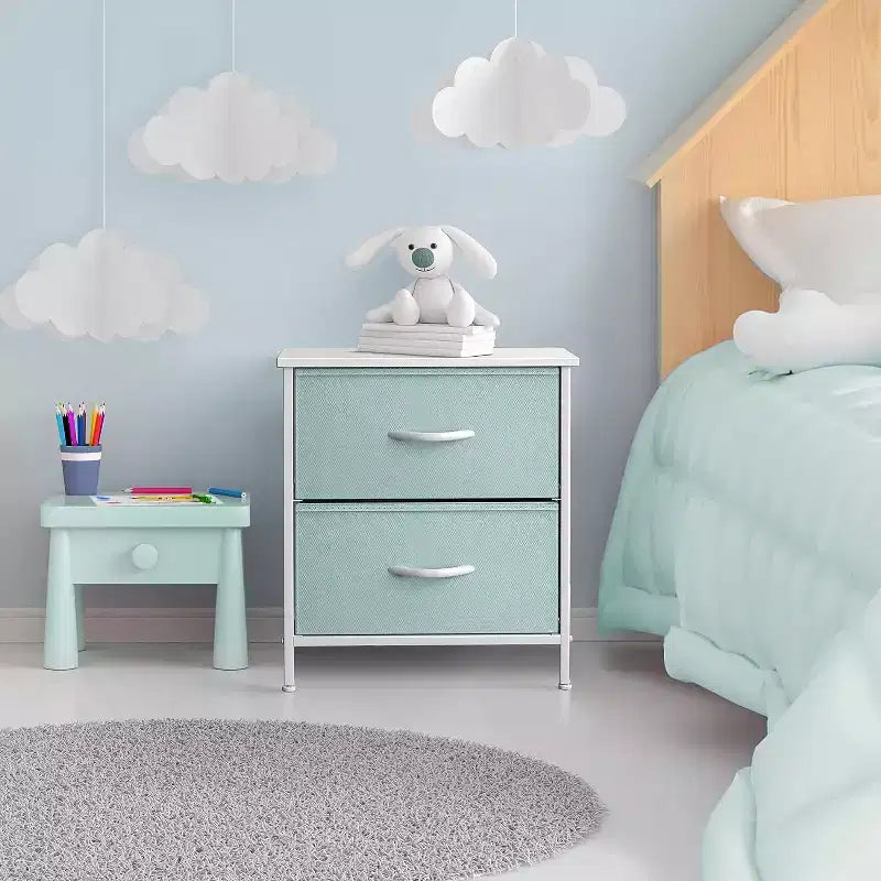 Comodino Sorbus con 2 cassetti - Telaio in acciaio, piano in legno e contenitori in tessuto facili da estrarre - Ottimo per casa, camera da letto, ufficio e dormitorio universitario