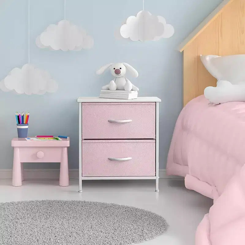 Comodino Sorbus con 2 cassetti - Telaio in acciaio, piano in legno e contenitori in tessuto facili da estrarre - Ottimo per casa, camera da letto, ufficio e dormitorio universitario