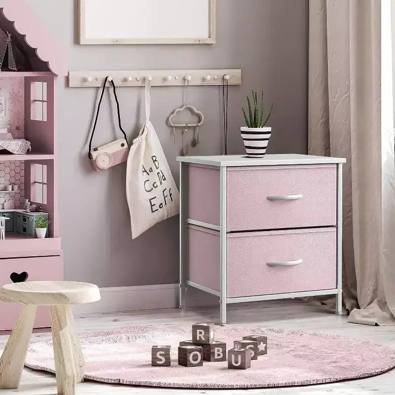 Comodino Sorbus con 2 cassetti - Telaio in acciaio, piano in legno e contenitori in tessuto facili da estrarre - Ottimo per casa, camera da letto, ufficio e dormitorio universitario
