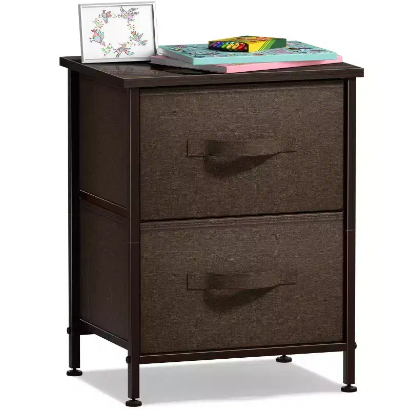 Comodino Sorbus con 2 cassetti - Telaio in acciaio, piano in legno e contenitori in tessuto facili da estrarre - Ottimo per casa, camera da letto, ufficio e dormitorio universitario