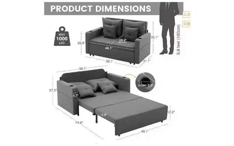 Divano Letto Convertibile 3-in-1 con Portabicchieri e USB per Soggiorno, Camera da Letto, Appartamento
