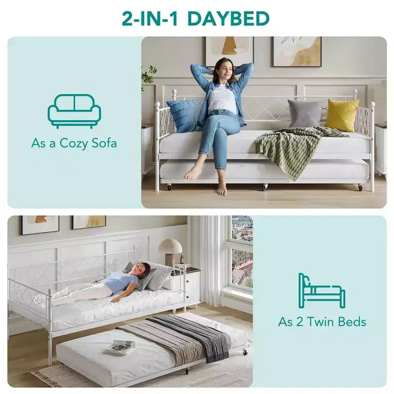 Sedie Pieghevoli Confezione da 2 - Base Materasso a Doghe in Metallo Resistente, Nessuna Molla Richiesta, Facile Montaggio, Elegante Testiera, Letto a Giorno Singolo con Letto Estraibile.