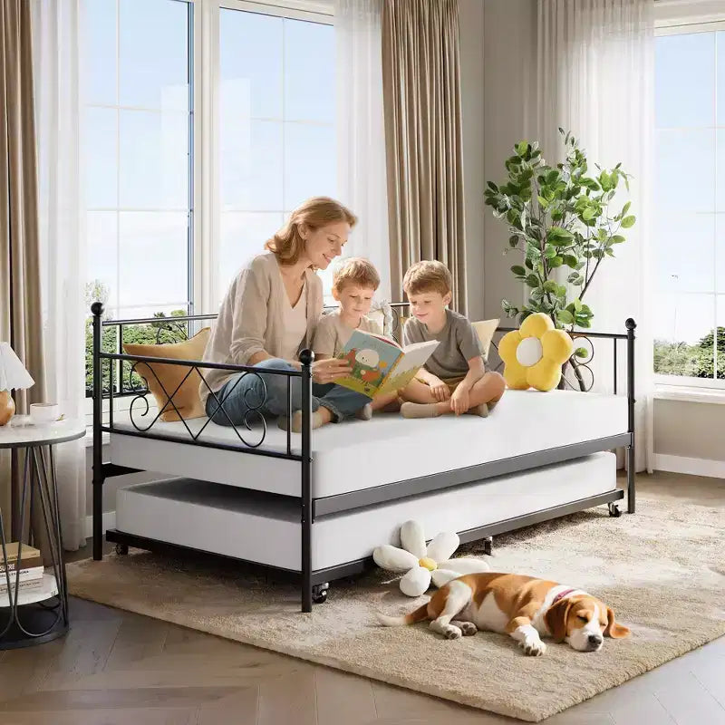 Sedie Pieghevoli Confezione da 2 - Base Materasso a Doghe in Metallo Resistente, Nessuna Molla Richiesta, Facile Montaggio, Elegante Testiera, Letto a Giorno Singolo con Letto Estraibile.