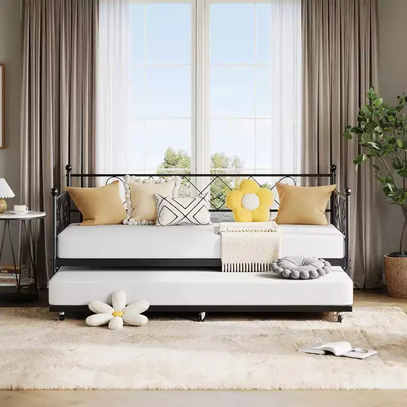 Folding Chairs 2 Pack - Heavy Duty Metal Slats Mattress Foundation, No Box Spring Needed, Easy Assembly, Stylish Headboard, Twin Daybed with Trundle.