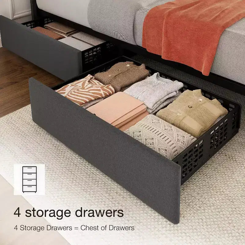 Struttura letto a piattaforma con testiera elegante e di stile, 4 cassetti contenitore, nessun sommier richiesto, facile montaggio, supporto robusto