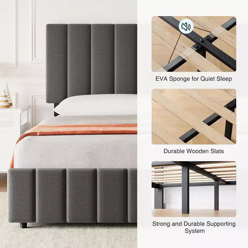Struttura letto a piattaforma con testiera elegante e di stile, 4 cassetti contenitore, nessun sommier richiesto, facile montaggio, supporto robusto