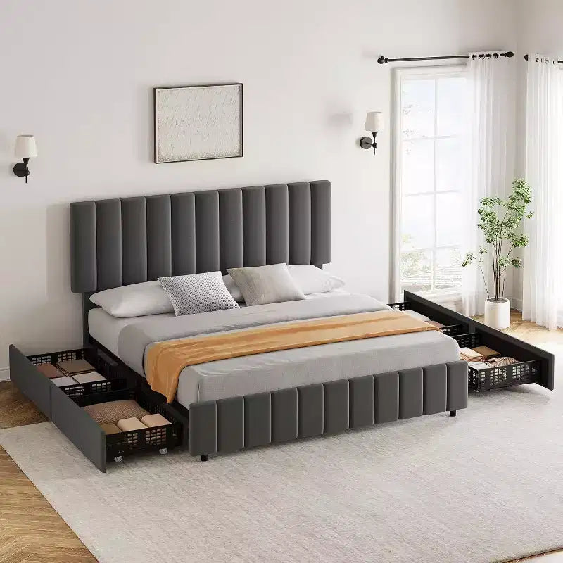 Struttura letto a piattaforma con testiera elegante e di stile, 4 cassetti contenitore, nessun sommier richiesto, facile montaggio, supporto robusto