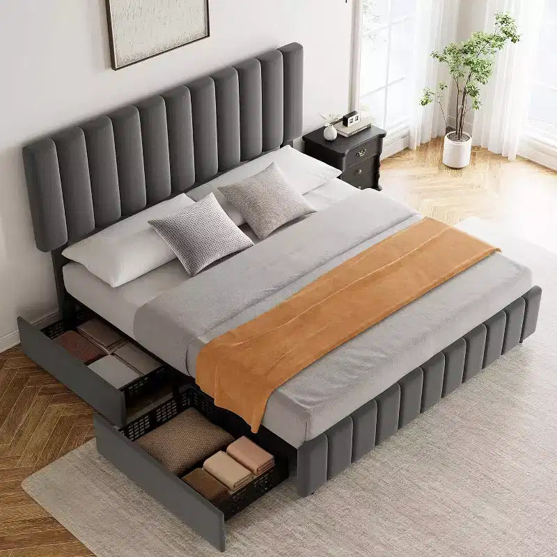 Struttura letto a piattaforma con testiera elegante e di stile, 4 cassetti contenitore, nessun sommier richiesto, facile montaggio, supporto robusto