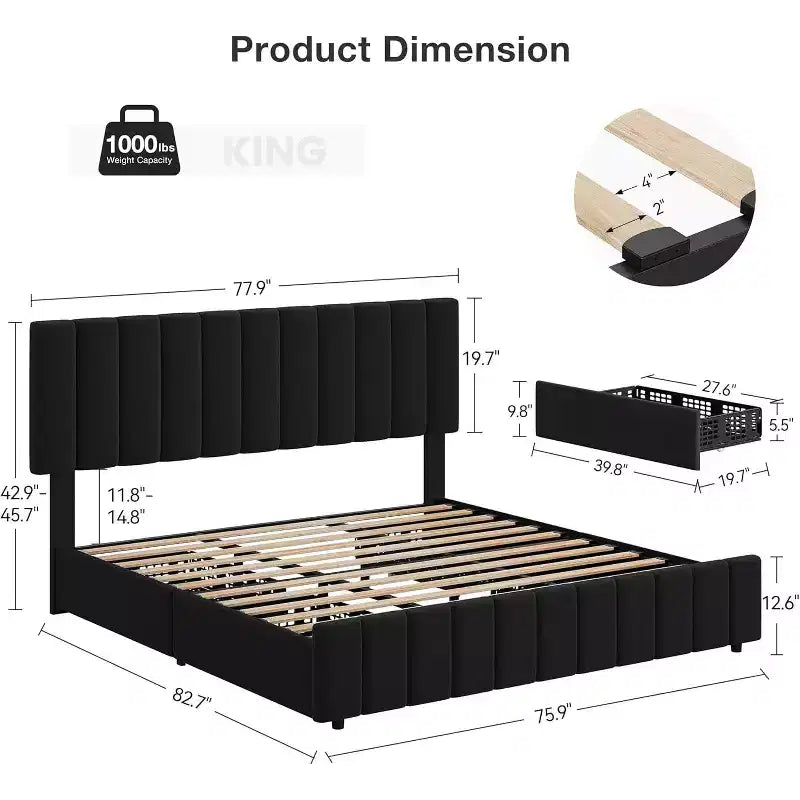 Struttura letto a piattaforma con testiera elegante e di stile, 4 cassetti contenitore, nessun sommier richiesto, facile montaggio, supporto robusto