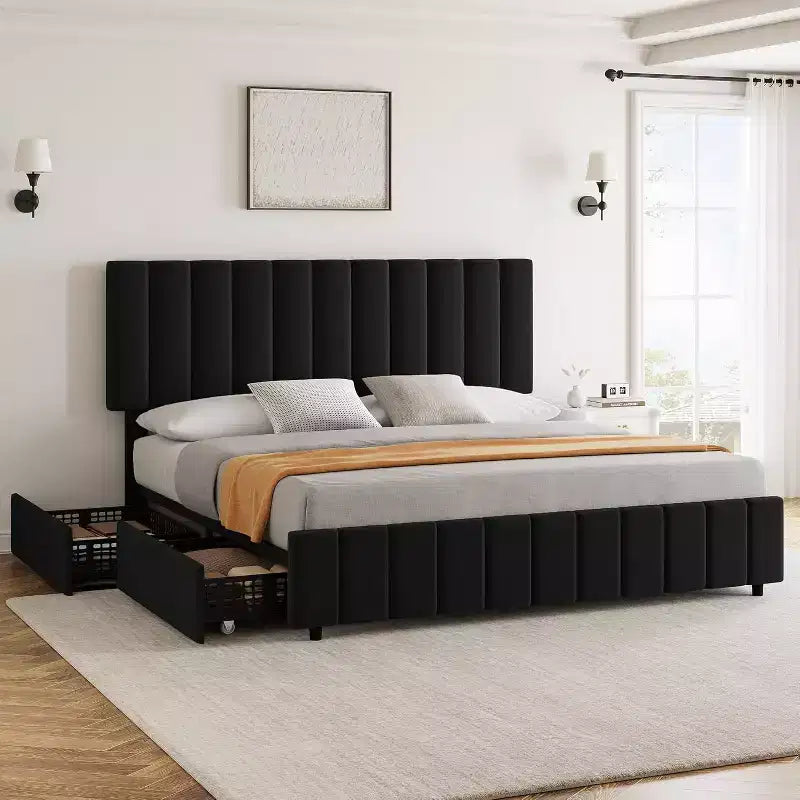 Struttura letto a piattaforma con testiera elegante e di stile, 4 cassetti contenitore, nessun sommier richiesto, facile montaggio, supporto robusto