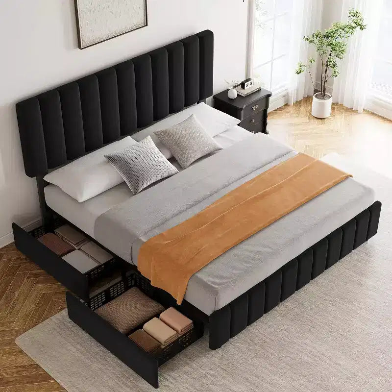 Struttura letto a piattaforma con testiera elegante e di stile, 4 cassetti contenitore, nessun sommier richiesto, facile montaggio, supporto robusto