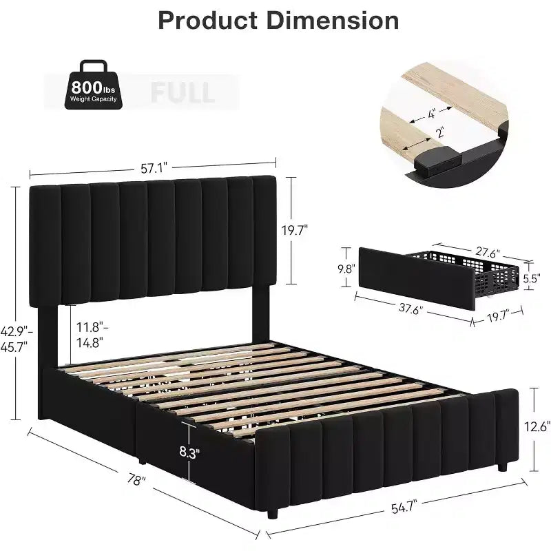 Struttura letto a piattaforma con testiera elegante e di stile, 4 cassetti contenitore, nessun sommier richiesto, facile montaggio, supporto robusto