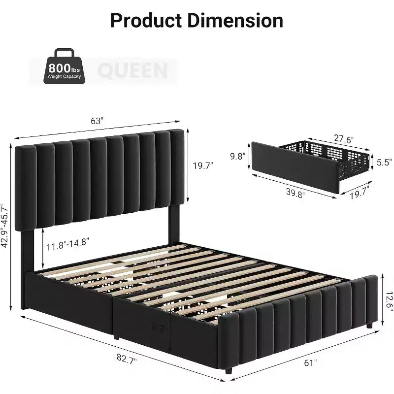 Struttura letto a piattaforma con testiera elegante e di stile, 4 cassetti contenitore, nessun sommier richiesto, facile montaggio, supporto robusto