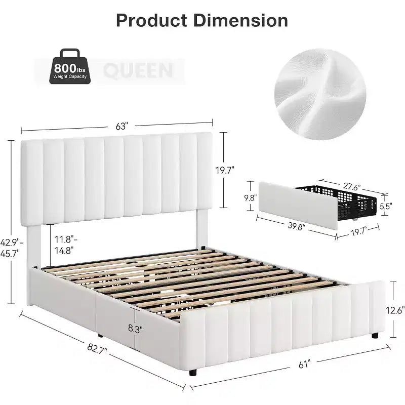 Struttura letto a piattaforma con testiera elegante e di stile, 4 cassetti contenitore, nessun sommier richiesto, facile montaggio, supporto robusto