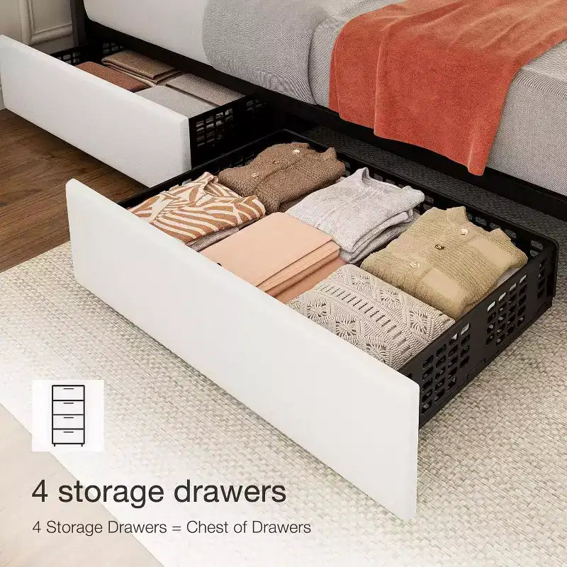 Struttura letto a piattaforma con testiera elegante e di stile, 4 cassetti contenitore, nessun sommier richiesto, facile montaggio, supporto robusto