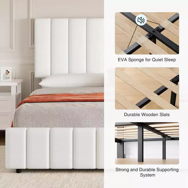 Struttura letto a piattaforma con testiera elegante e di stile, 4 cassetti contenitore, nessun sommier richiesto, facile montaggio, supporto robusto