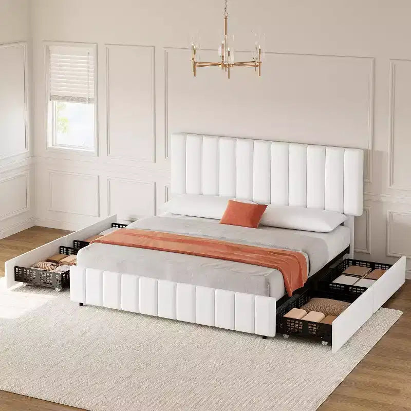 Struttura letto a piattaforma con testiera elegante e di stile, 4 cassetti contenitore, nessun sommier richiesto, facile montaggio, supporto robusto