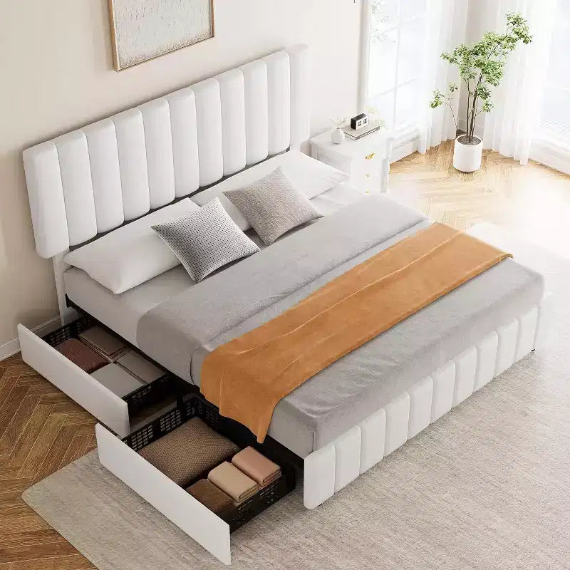 Struttura letto a piattaforma con testiera elegante e di stile, 4 cassetti contenitore, nessun sommier richiesto, facile montaggio, supporto robusto