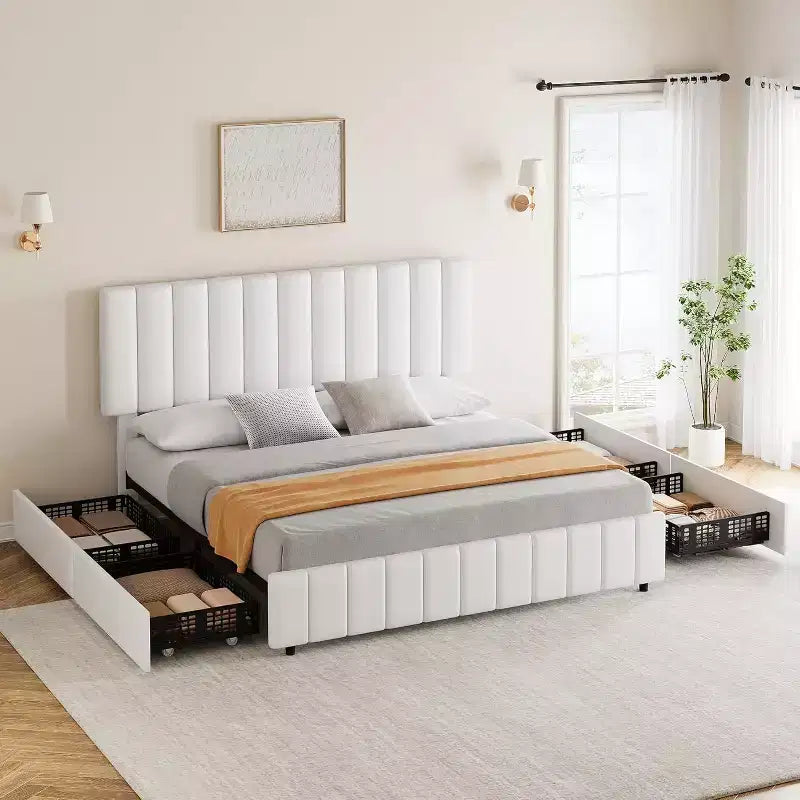 Struttura letto a piattaforma con testiera elegante e di stile, 4 cassetti contenitore, nessun sommier richiesto, facile montaggio, supporto robusto