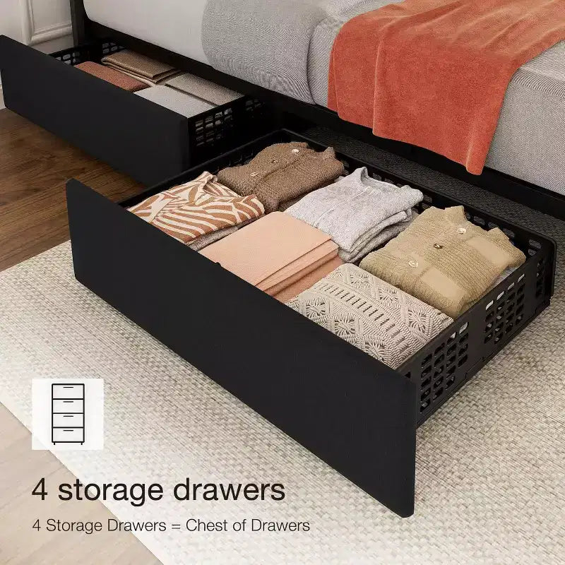 Struttura letto a piattaforma con testiera elegante e di stile, 4 cassetti contenitore, nessun sommier richiesto, facile montaggio, supporto robusto