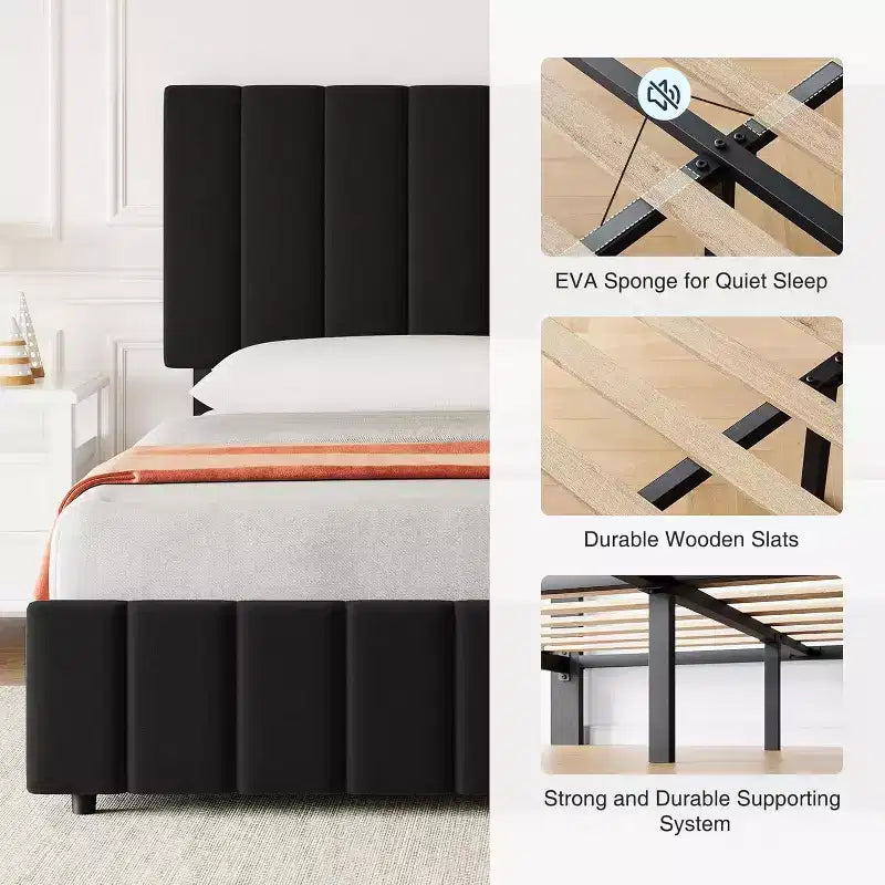 Struttura letto a piattaforma con testiera elegante e di stile, 4 cassetti contenitore, nessun sommier richiesto, facile montaggio, supporto robusto