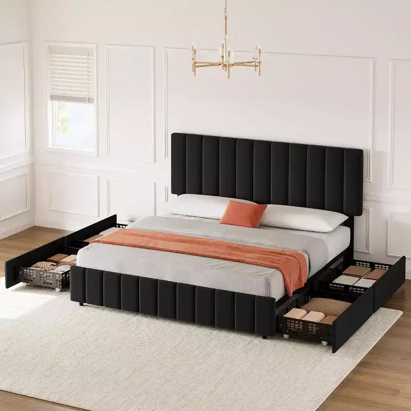Struttura letto a piattaforma con testiera elegante e di stile, 4 cassetti contenitore, nessun sommier richiesto, facile montaggio, supporto robusto