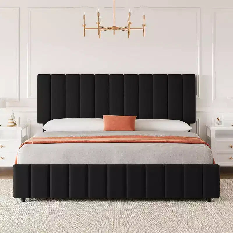 Struttura letto a piattaforma con testiera elegante e di stile, 4 cassetti contenitore, nessun sommier richiesto, facile montaggio, supporto robusto
