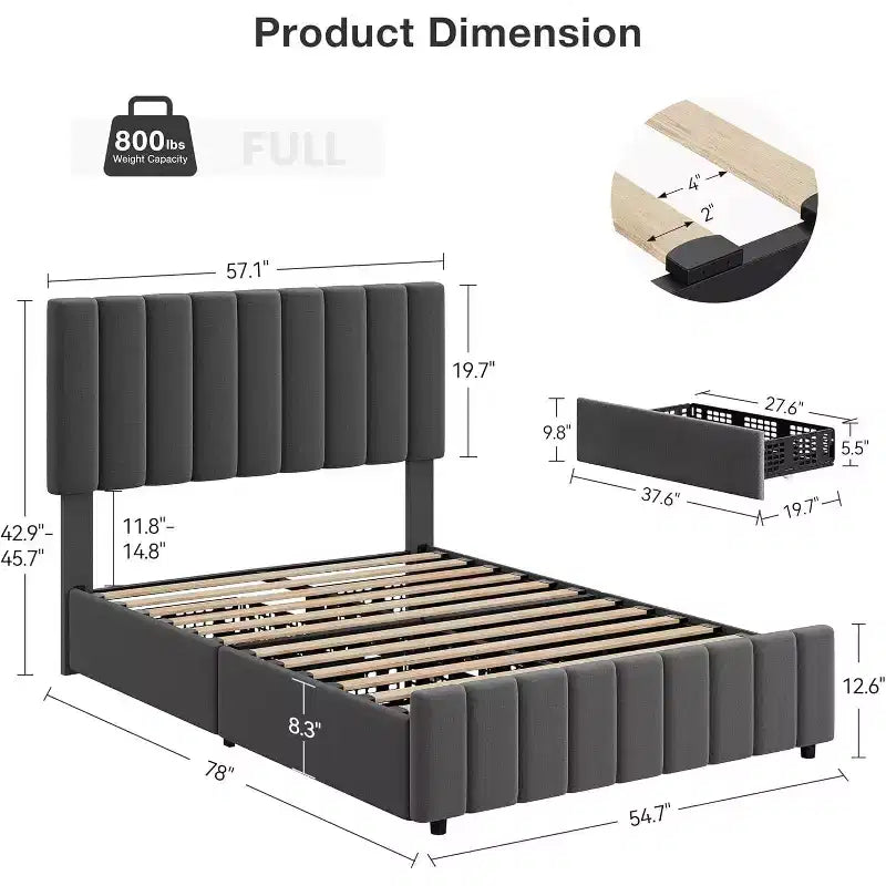 Struttura letto a piattaforma con testiera elegante e di stile, 4 cassetti contenitore, nessun sommier richiesto, facile montaggio, supporto robusto